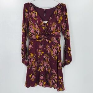 Free People Satin Long Sleeve Floral Satin Dress Burgundy Size 4